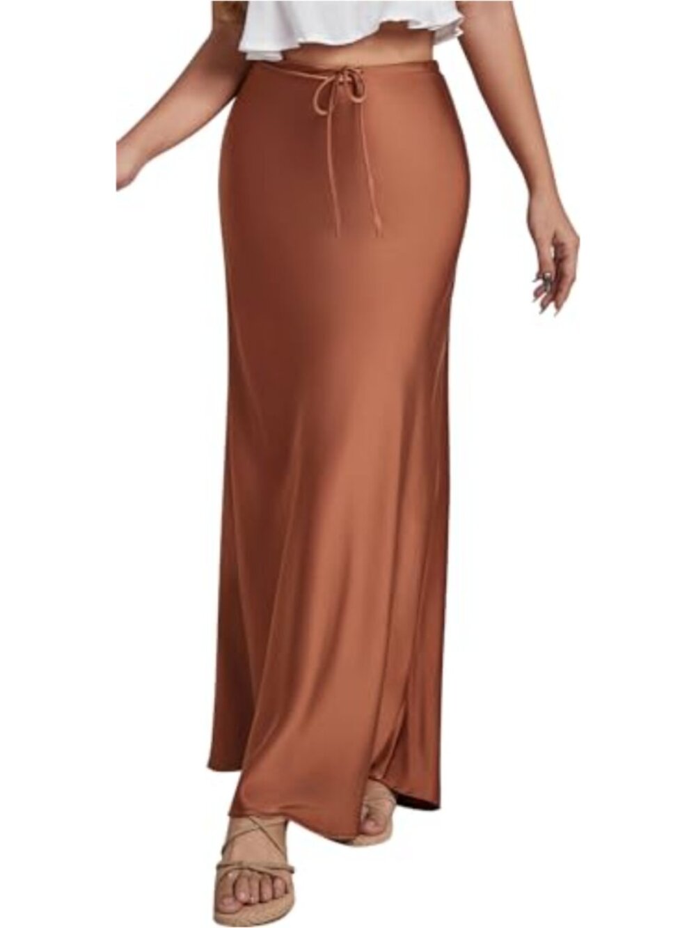 Satin Silky Maxi Skirt High Waist A-Line Mermaid Hem Drawstring Elegant Flow